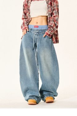 Women's Plaid Spliced Wide-Leg Trousers - Faux Two-Piece Double-Waist Curved Knife Denim Pants