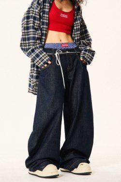 Women's Plaid Spliced Wide-Leg Trousers - Faux Two-Piece Double-Waist Curved Knife Denim Pants