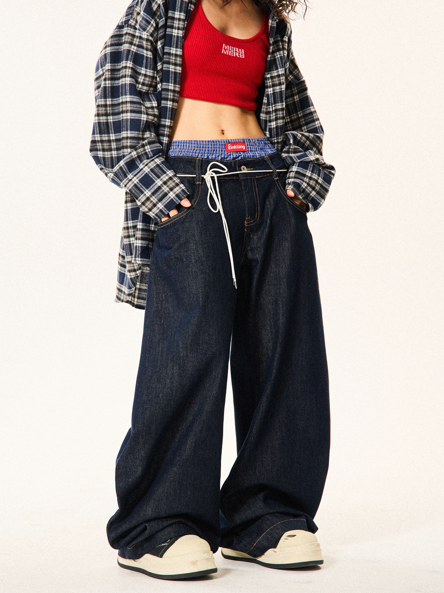 Women's Plaid Spliced Wide-Leg Trousers - Faux Two-Piece Double-Waist Curved Knife Denim Pants Women's Plaid Spliced Wide-Leg Trousers - Faux Two-Piece Double-Waist Curved Knife Denim Pants