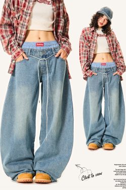 Women's Plaid Spliced Wide-Leg Trousers - Faux Two-Piece Double-Waist Curved Knife Denim Pants