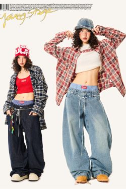 Women's Plaid Spliced Wide-Leg Trousers - Faux Two-Piece Double-Waist Curved Knife Denim Pants