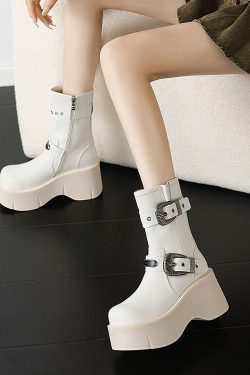 Women's Platform Thick-Soled Martin Boots with Metal Buckle - Fashionable Short Boots for Height Increase, Perfect for Petite Style