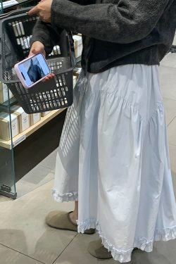 Women's Plus Size Light Blue Lace A-Line Midi Skirt, Slimming Design for Pear-Shaped Body, Trendy 2025 Style