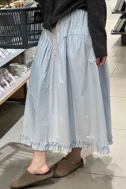 Women's Plus Size Light Blue Lace A-Line Midi Skirt, Slimming Design for Pear-Shaped Body, Trendy 2025 Style