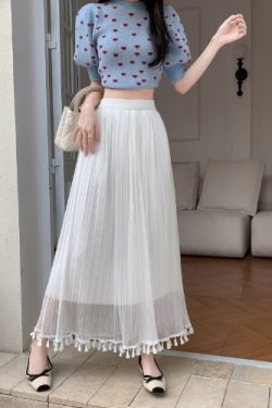 Women's Qipao Inner Slip Dress, Gentle Style with Tassel Mesh Half Skirt, Pleated A-Line Tulle, Draping Effect, Slimming Base Skirt