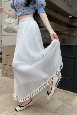 Women's Qipao Inner Slip Dress, Gentle Style with Tassel Mesh Half Skirt, Pleated A-Line Tulle, Draping Effect, Slimming Base Skirt