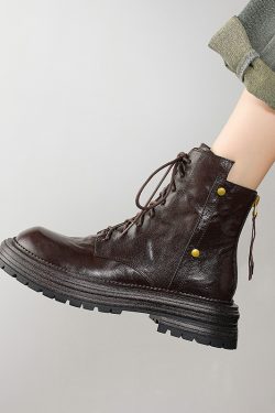 Women's Retro British Style Lace-Up Ankle Boots in Genuine Leather - Thick-Soled Martin Boots for Autumn and Winter Fashion