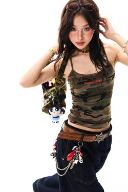 Women’s Retro Camouflage Studded Camisole - Sexy Slim-Fit Summer Top in American Style, Y2K Fashion