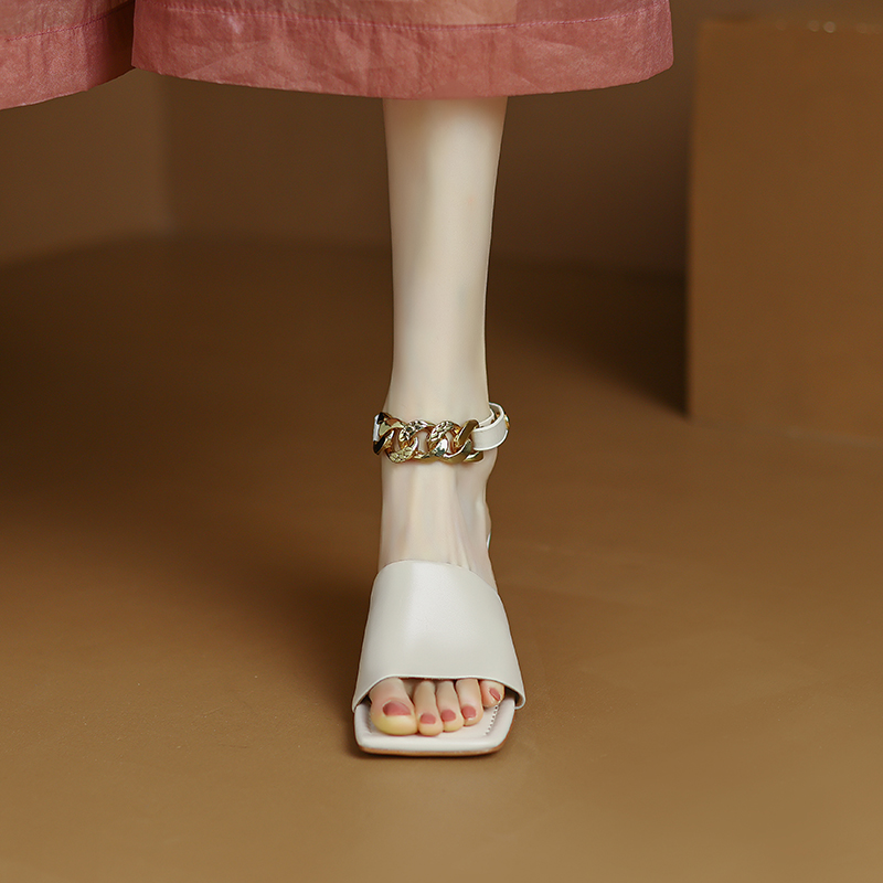 Women's Retro Chunky High Heel Sandals - Open-Toe Genuine Leather One-Strap Design with Metal Chain for Summer 2025 Women's Retro Chunky High Heel Sandals - Open-Toe Genuine Leather One-Strap Design with Metal Chain for Summer 2025