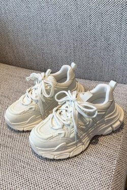 Women's Retro Dad Sneakers - Lace-Up Mesh Breathable Leather Thick-Soled Sports Leisure Shoes for Spring 2025