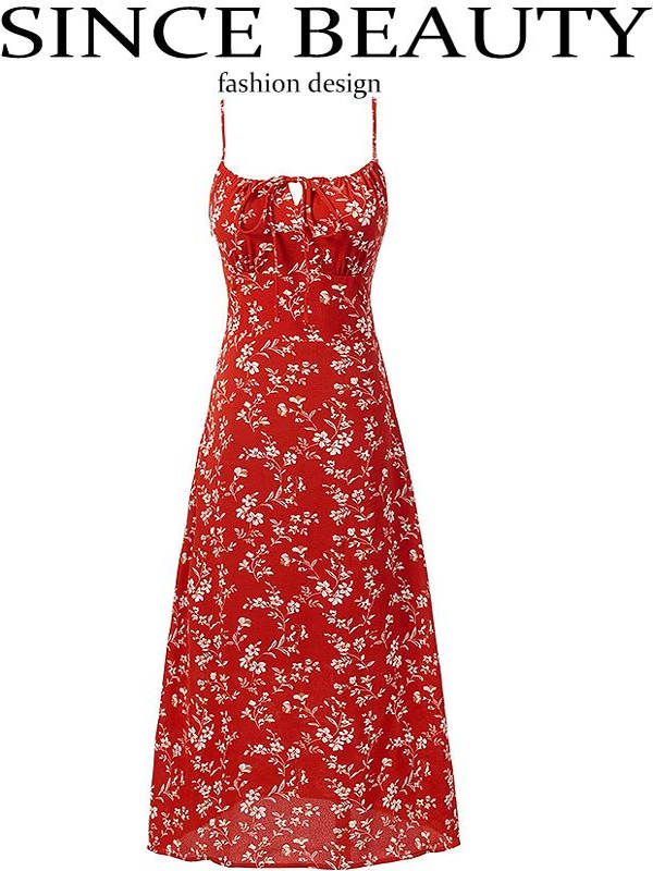 Women's Retro Floral Spaghetti Strap Dress - Waist-Cinching Long Dress for Summer Beach Vacation 2025 Women's Retro Floral Spaghetti Strap Dress - Waist-Cinching Long Dress for Summer Beach Vacation 2025