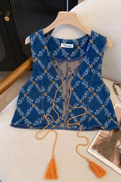 Women's Retro Jacquard Denim Vest - Ethnic Style Color-Blocked Outerwear with V-Neck and Tassel Tie-Back - Perfect for Travel