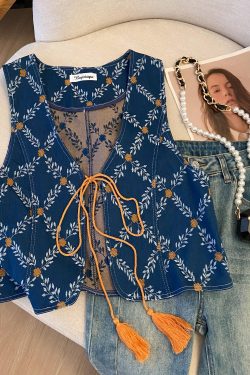 Women's Retro Jacquard Denim Vest - Ethnic Style Color-Blocked Outerwear with V-Neck and Tassel Tie-Back - Perfect for Travel