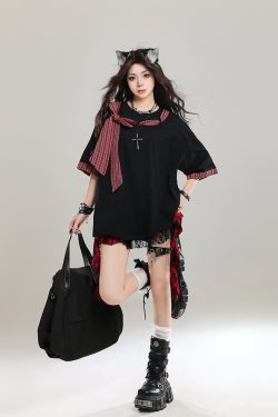 Women’s Retro Lace-Up Short Sleeve T-Shirt - Stylish Loose Casual Y2K Top for Summer 2025 Outfit