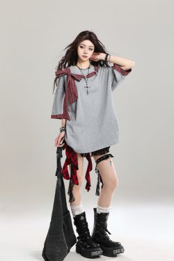 Women’s Retro Lace-Up Short Sleeve T-Shirt - Stylish Loose Casual Y2K Top for Summer 2025 Outfit