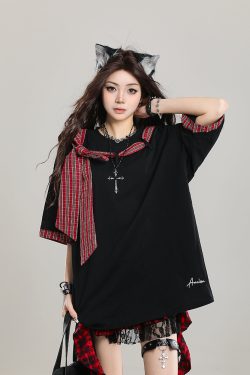 Women’s Retro Lace-Up Short Sleeve T-Shirt - Stylish Loose Casual Y2K Top for Summer 2025 Outfit