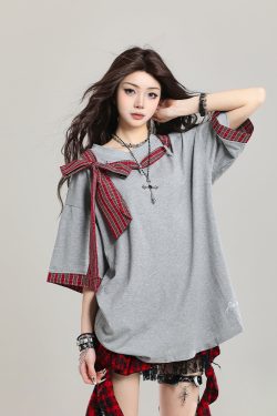 Women’s Retro Lace-Up Short Sleeve T-Shirt - Stylish Loose Casual Y2K Top for Summer 2025 Outfit
