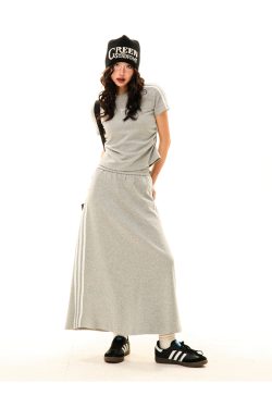 Women's Retro Sports Set with Three Stripes, Short Sleeve T-Shirt and High Waist Draped Mid-Length Skirt - Summer Style