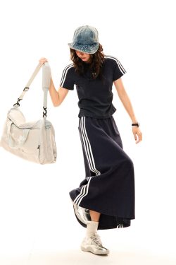Women's Retro Sports Set with Three Stripes, Short Sleeve T-Shirt and High Waist Draped Mid-Length Skirt - Summer Style