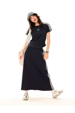 Women's Retro Sports Set with Three Stripes, Short Sleeve T-Shirt and High Waist Draped Mid-Length Skirt - Summer Style