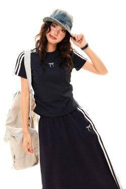 Women's Retro Sports Set with Three Stripes, Short Sleeve T-Shirt and High Waist Draped Mid-Length Skirt - Summer Style