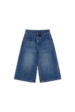 Women's Retro Wash Denim Shorts - Summer 2025 Petite Loose Straight Wide-Leg Style