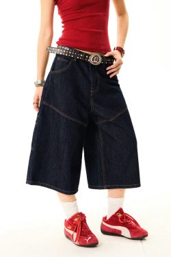 Women's Retro Wide-Leg Denim Shorts - Deconstructed American Style with Embroidered Bright Lines - Versatile Loose Fit