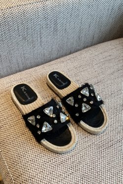 Women's Rhinestone Fisherman Sandals - Flat Woven One-Strap Slippers for Summer 2025 Outdoor Trend, Stylish and Comfortable