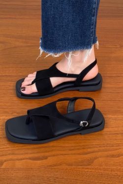 Women's Sanded Sheepskin Thong Flat Square-Toe Sandals - Versatile Open-Toe Roman Style for Summer 2025