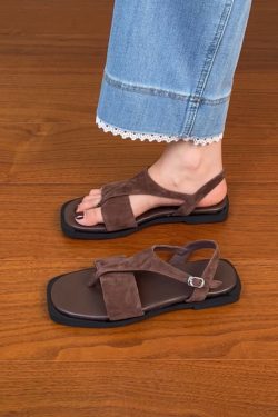 Women's Sanded Sheepskin Thong Flat Square-Toe Sandals - Versatile Open-Toe Roman Style for Summer 2025