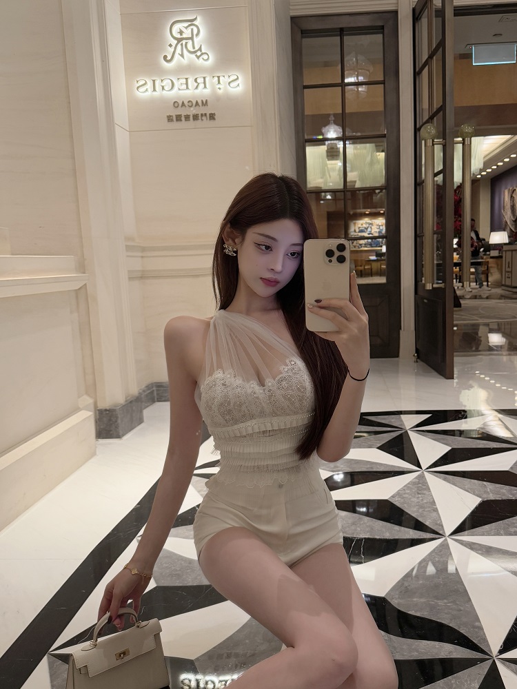 Women's Sexy Slim Fit Mesh Lace Camisole - Heavy Industry Neck-Hanging Design, Pure Desire Style, Y2K-Inspired Short Top Women's Sexy Slim Fit Mesh Lace Camisole - Heavy Industry Neck-Hanging Design, Pure Desire Style, Y2K-Inspired Short Top