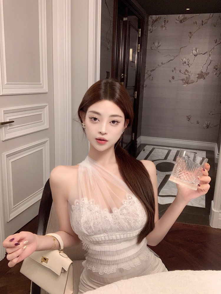 Women's Sexy Slim Fit Mesh Lace Camisole - Heavy Industry Neck-Hanging Design, Pure Desire Style, Y2K-Inspired Short Top Women's Sexy Slim Fit Mesh Lace Camisole - Heavy Industry Neck-Hanging Design, Pure Desire Style, Y2K-Inspired Short Top