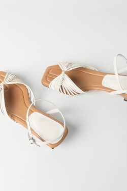 Women's Sheepskin French Woven Hollow Vacation Sandals, Low Heel One-Strap Square Toe Elegant High Heels