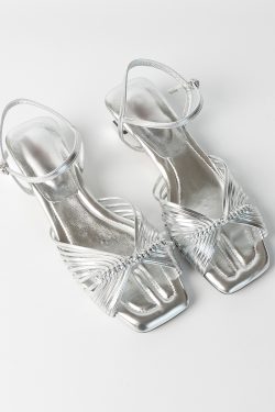 Women's Sheepskin French Woven Hollow Vacation Sandals, Low Heel One-Strap Square Toe Elegant High Heels