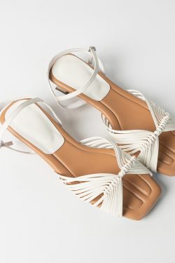 Women's Sheepskin French Woven Hollow Vacation Sandals, Low Heel One-Strap Square Toe Elegant High Heels