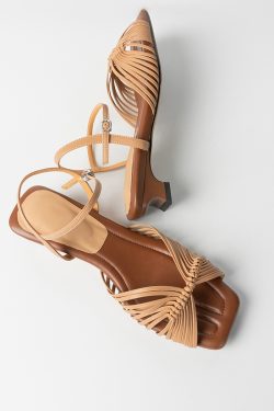 Women's Sheepskin French Woven Hollow Vacation Sandals, Low Heel One-Strap Square Toe Elegant High Heels