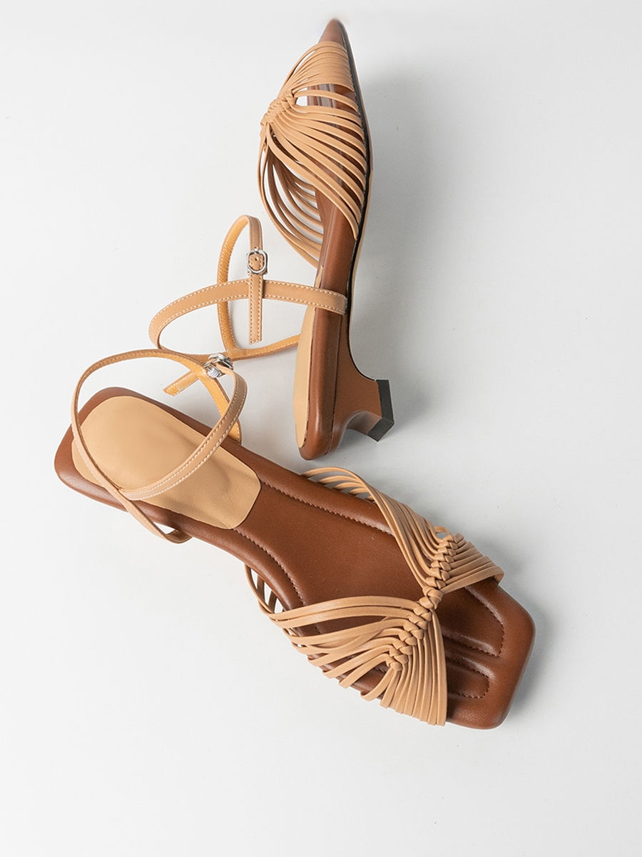 Women's Sheepskin French Woven Hollow Vacation Sandals, Low Heel One-Strap Square Toe Elegant High Heels Women's Sheepskin French Woven Hollow Vacation Sandals, Low Heel One-Strap Square Toe Elegant High Heels