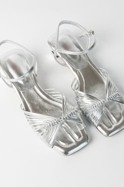 Women's Sheepskin French Woven Hollow Vacation Sandals, Low Heel One-Strap Square Toe Elegant High Heels