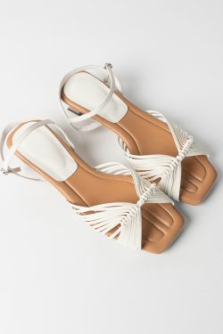 Women's Sheepskin French Woven Hollow Vacation Sandals, Low Heel One-Strap Square Toe Elegant High Heels