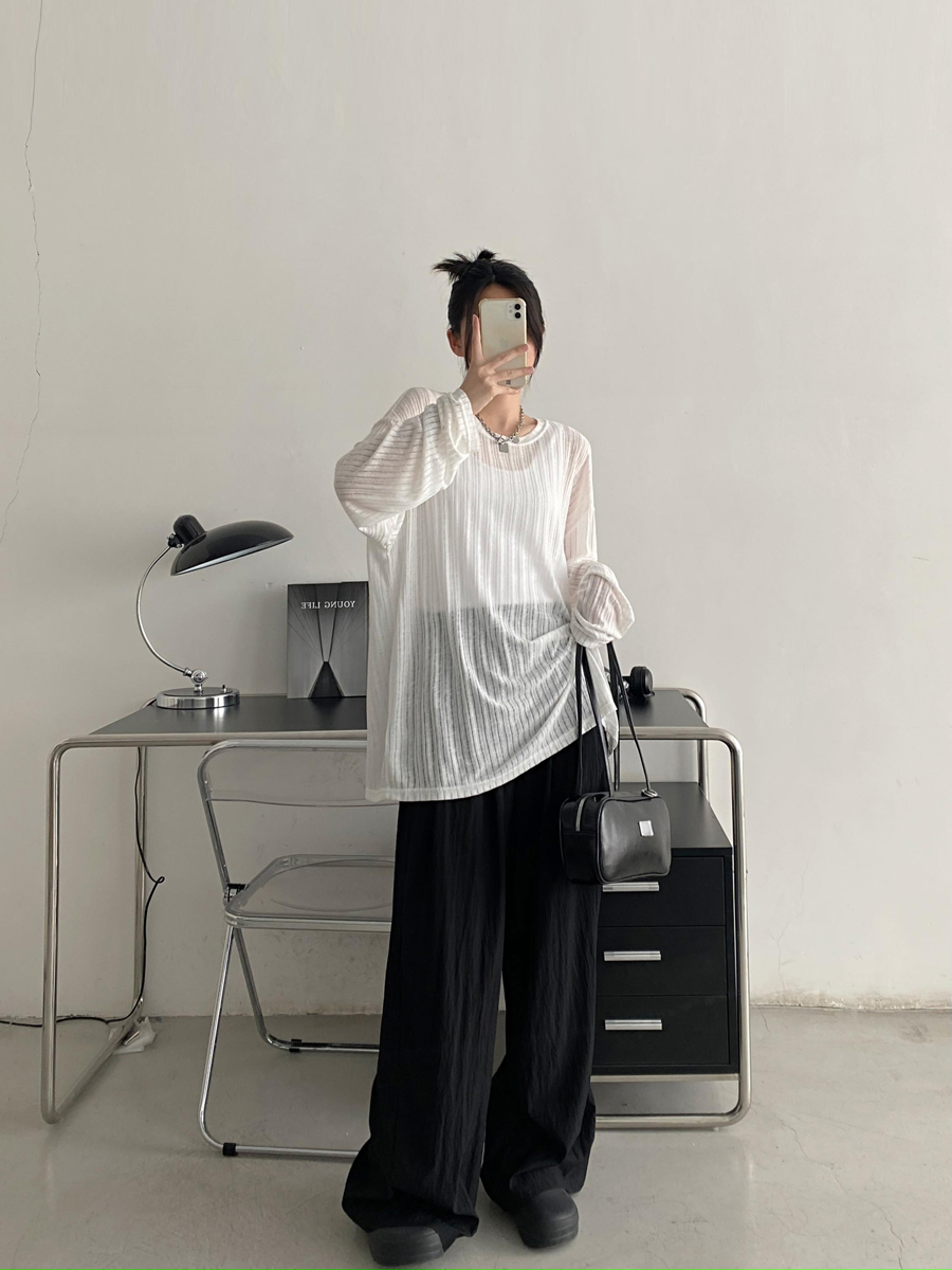 Women's Sheer Long Sleeve Sun Protection T-Shirt - Loose Fit Transparent Cover-Up with Grapefruit Print for Airy Comfort Women's Sheer Long Sleeve Sun Protection T-Shirt - Loose Fit Transparent Cover-Up with Grapefruit Print for Airy Comfort