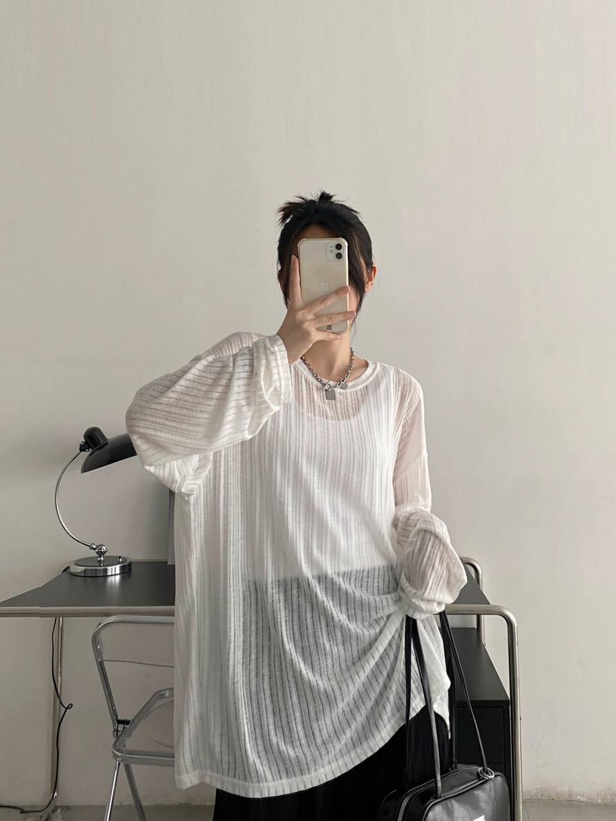 Women's Sheer Long Sleeve Sun Protection T-Shirt - Loose Fit Transparent Cover-Up with Grapefruit Print for Airy Comfort Women's Sheer Long Sleeve Sun Protection T-Shirt - Loose Fit Transparent Cover-Up with Grapefruit Print for Airy Comfort