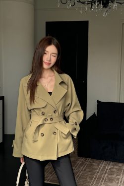 Women's Short Black Windbreaker Coat with Waist Tie, Casual Cardigan Style, Lapel Collar, Long Sleeves for Spring and Autumn