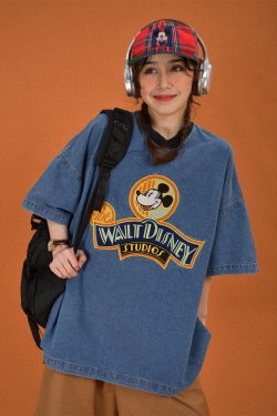 Women's Short Sleeve Denim T-Shirt with Cartoon Embroidery - Loose Fit, Round Neck, Summer Style, Vintage-Inspired