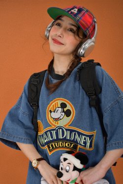 Women's Short Sleeve Denim T-Shirt with Cartoon Embroidery - Loose Fit, Round Neck, Summer Style, Vintage-Inspired