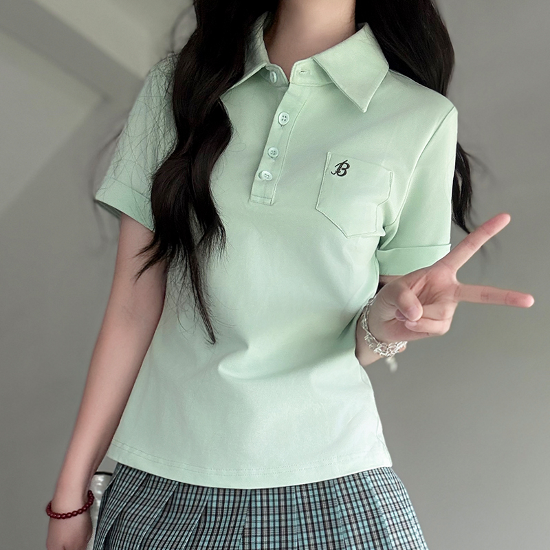 Women's Short Sleeve Embroidered Polo Shirt - Pudding Bear JK Uniform Style for Summer 2025, Cute and Trendy Fashion Women's Short Sleeve Embroidered Polo Shirt - Pudding Bear JK Uniform Style for Summer 2025, Cute and Trendy Fashion