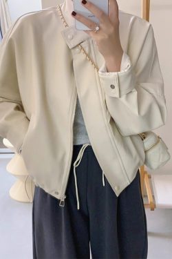 Women's Short White Leather Motorcycle Jacket - Trendy 2024 Spring Autumn Style for Petite Figures