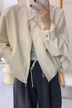 Women's Short White Leather Motorcycle Jacket - Trendy 2024 Spring Autumn Style for Petite Figures