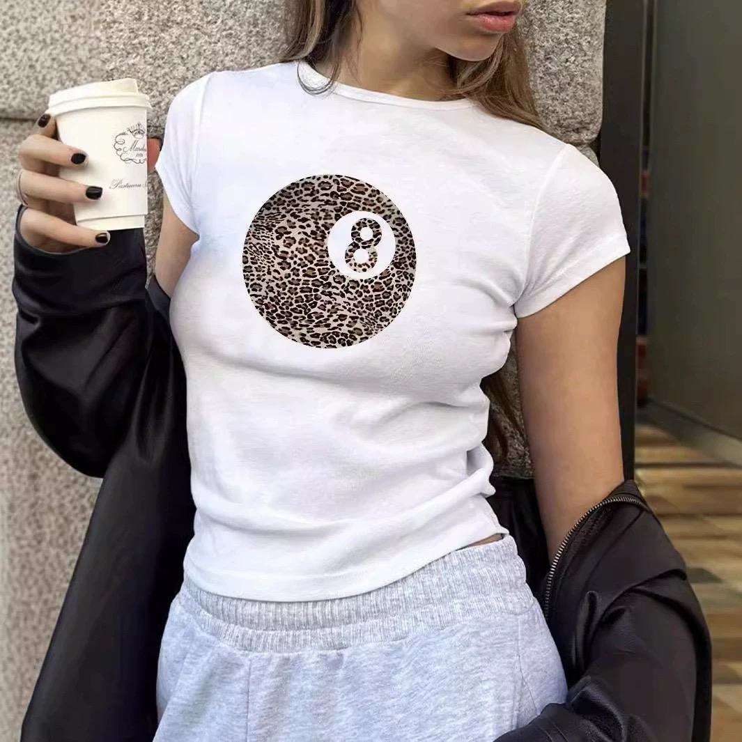 Women's Slim Fit Black 8 Print Short Sleeve T-Shirt - Korean Style Round Neck Pure Cotton Top for Instagram Fashion Women's Slim Fit Black 8 Print Short Sleeve T-Shirt - Korean Style Round Neck Pure Cotton Top for Instagram Fashion
