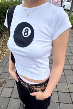 Women's Slim Fit Black 8 Print Short Sleeve T-Shirt - Korean Style Round Neck Pure Cotton Top for Instagram Fashion