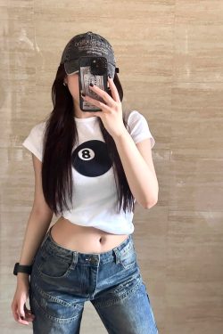 Women's Slim Fit Black 8 Print Short Sleeve T-Shirt - Korean Style Round Neck Pure Cotton Top for Instagram Fashion
